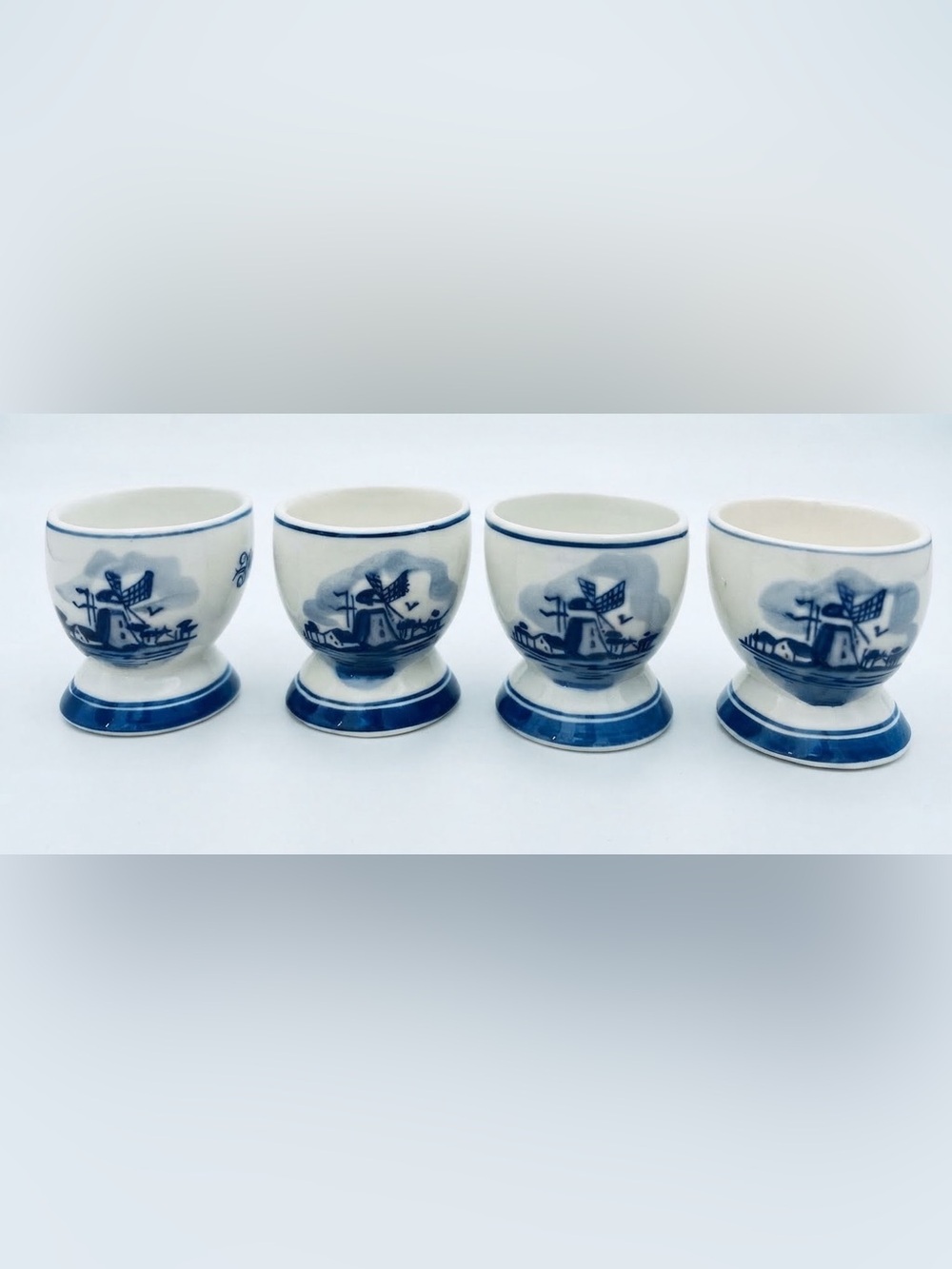 Vintage Set of 4 Delft Blue & White Hand-Painted Egg Cups - Floral & Windmill